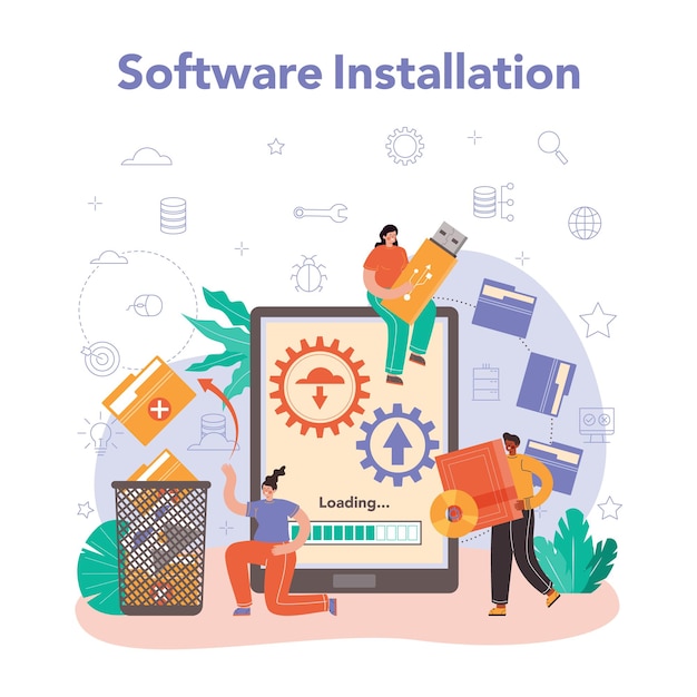 System administrator. Technical work with server and its work maintaining, software installation, PC repair. Configuration of computer systems and networks. Flat vector illustration