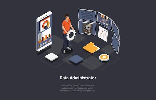 Vector system administrator upkeeping server adjusting network pc hardware sysadmin with gear in hands repairing computer and smartphone administration storage server isometric 3d vector illustration