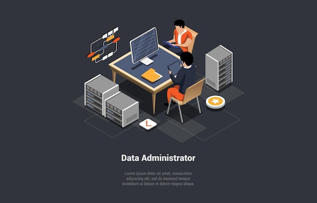 Vettore amministratore di sistema manutenzione del server regolazione degli amministratori di sistema di rete lavoro di squadra in ufficio o in un magazzino con server e rack hardware amministrazione server di archiviazione illustrazione vettoriale 3d isometrica