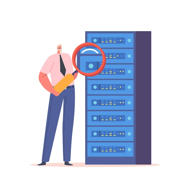 System Administrator Working With Server Rack Cabinets and Computer Datacenter Sysadmin Male Character with Magnifier