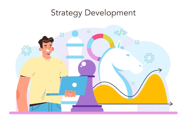 System analyst concept. IT technologies and systems for business efficiency optimization. Big date based development of business strategy. Isolated flat vector illustration