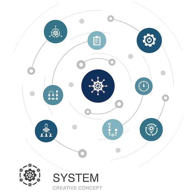 System colored circle concept with simple icons. Contains such elements as management, processing, plan, scheme