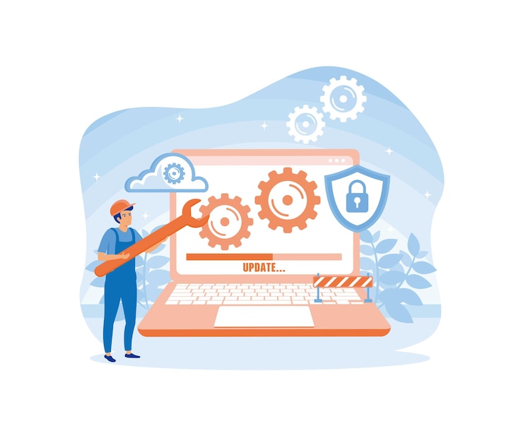 Vector system maintenance concept update program application engineer error fixing a trouble device updating flat vector modern illustration