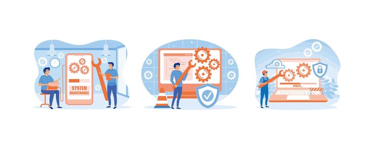 Vector 시스템 유지보수 개념 업데이트 프로그램 및 응용 프로그램 기술 업데이트 프로그램 응용 프로그램 엔지니어 오류 고정 문제 장치 업데이트 평평한 터 설정 현대 일러스트