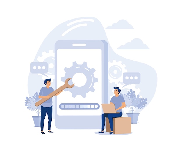 システムメンテナンス更新プログラムとアプリケーション技術エンジニアエラーエラーデバイスのトラブル修正フラットベクトルモダンイラストを更新