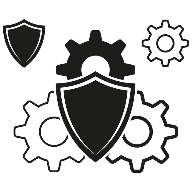 Icone del concetto di sicurezza del sistema scudo con simbolo di ingranaggi segno di protezione e meccanismo