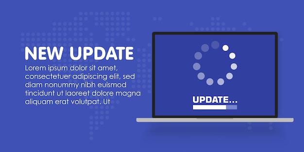システムソフトウェアの更新とアップグレードの概念。ノートパソコンの画面にプロセスを読み込んでいます。ベクトルイラスト。
