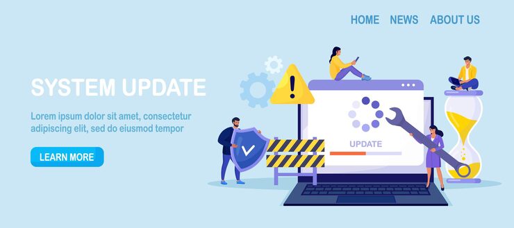 Vector system update. tiny programmers upgrading operating system. it specialists updating software, programs and applications. technical error and service. computer laptop screen with updating progress bar