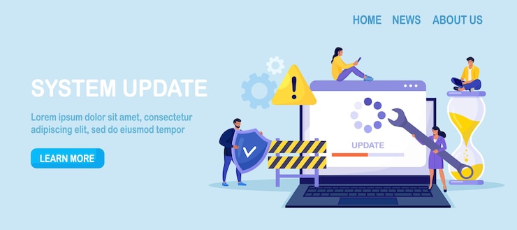 Vector system update. tiny programmers upgrading operating system. it specialists updating software, programs and applications. technical error and service. computer laptop screen with updating progress bar