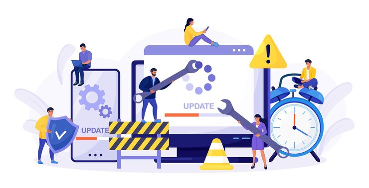 Vector 系統更新 - 小程序員更新作業系統 - it 專家更新軟件,程式和應用程式 - 技術錯誤和服務 - 電腦,電話屏幕更新進度