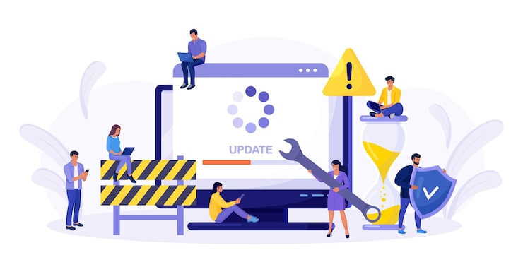 Vector system update. tiny programmers upgrading operating system. it specialists updating software, programs and applications. technical error and service. computer screen with updating progress bar.