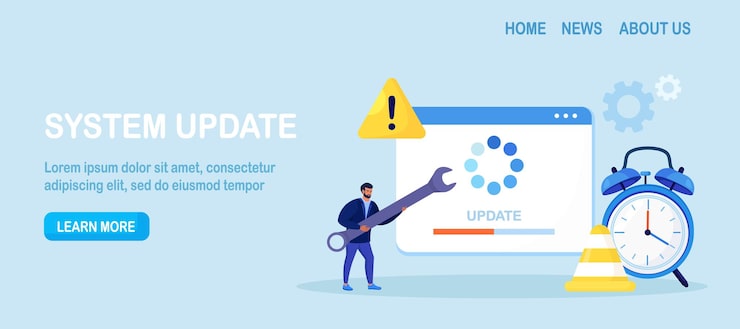 Vector system update. tiny programmers upgrading operating system. it specialists updating software, programs and applications. technical error, service. web page with updating progress bar and alarm clock
