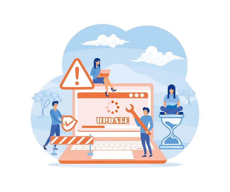 Vector system update tiny programmers upgrading operating system technical error and service computer laptop screen with updating progress bar flat vector modern illustration