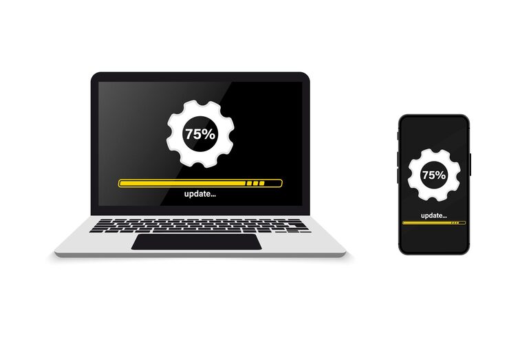 Vector system upgrade. installing update progress and loading bar on computer and phone. update or loading process. install new software, operating system. doing cloud uploading