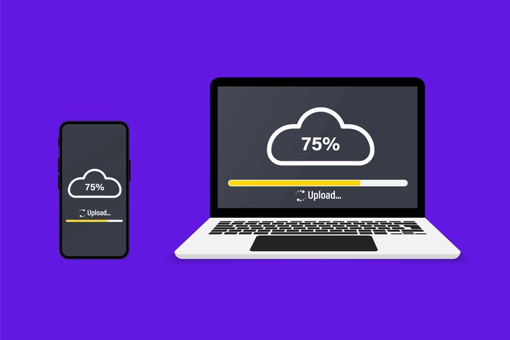Vector system upgrade. installing update progress and loading bar on computer and phone. update or loading process. install new software, operating system. doing cloud uploading