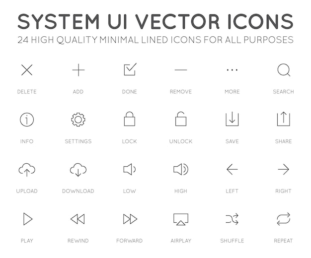 시스템 사용자 인터페이스 UI 벡터 아이콘은 모든 목적을 위해 고품질의 최소한의 아이콘을 설정합니다.