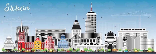 Szczecin Poland city skyline with color buildings and blue sky Vector illustration Szczecin cityscape with landmarks Business travel and tourism concept with modern and historic architecture