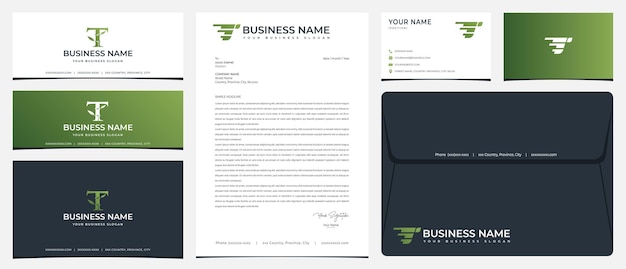 T letter bamboo logo with stationery, business cards and social media banner designs