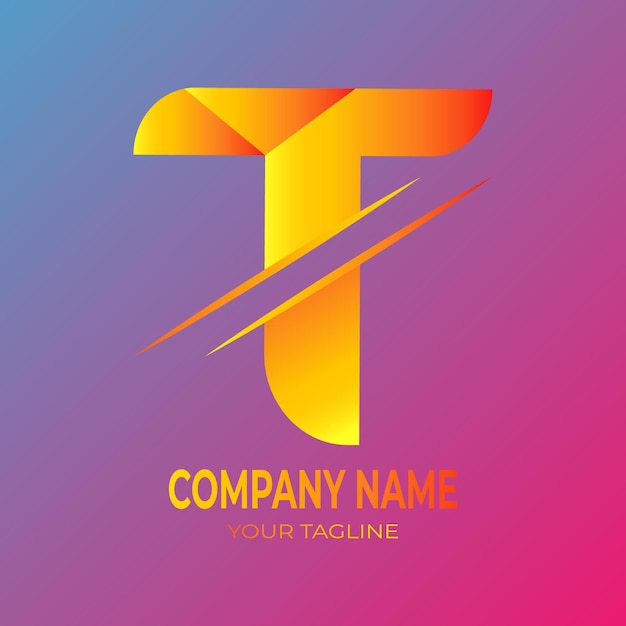 T letter logo design gradient logo with a blue and pink background