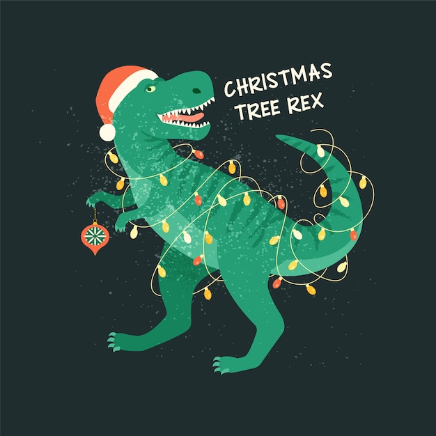 ガーランドライト付きt-rexクリスマスツリーカード。