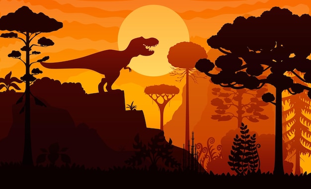 Силуэт динозавра T-Rex при заходе солнца в лесной ландшафт