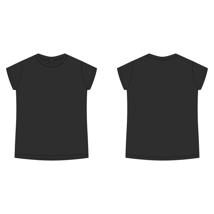 黒い色のTシャツの空のテンプレート。子供のテクニカルスケッチtシャツは、白い背景で隔離。カジュアルなキッズスタイル。前面と背面。