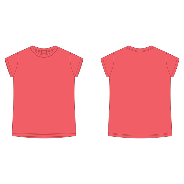 Vettore modello vuoto di t-shirt in colore rosso brillante. maglietta con disegno tecnico per bambini. stile casual per bambini. davanti e dietro.