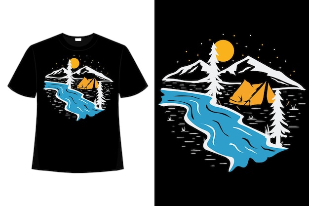 T-shirt camping pine river adventure hand drawn retro vintage illustration