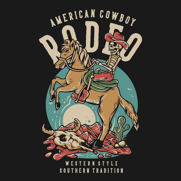 Vettore t shirt design american cowboy rodeo tradizione meridionale in stile occidentale con scheletro che cavalca un'illustrazione vintage a cavallo