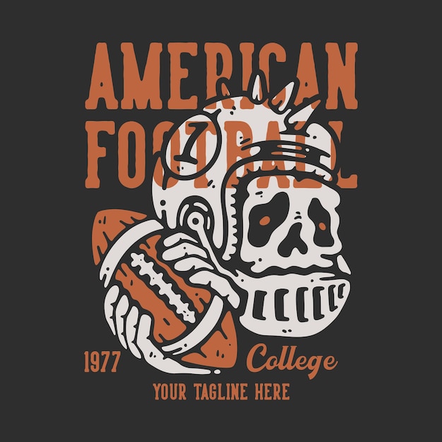 Дизайн футболки колледж американского футбола 1977 года с черепом в футбольном шлеме и мячом для регби на сером фоне винтажная иллюстрация