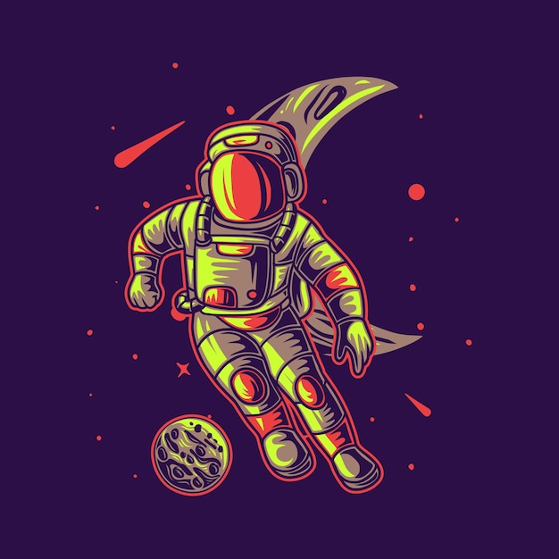 T-shirt design astronauta che gioca a calcio su una falce di luna sfondo illustrazione di calcio