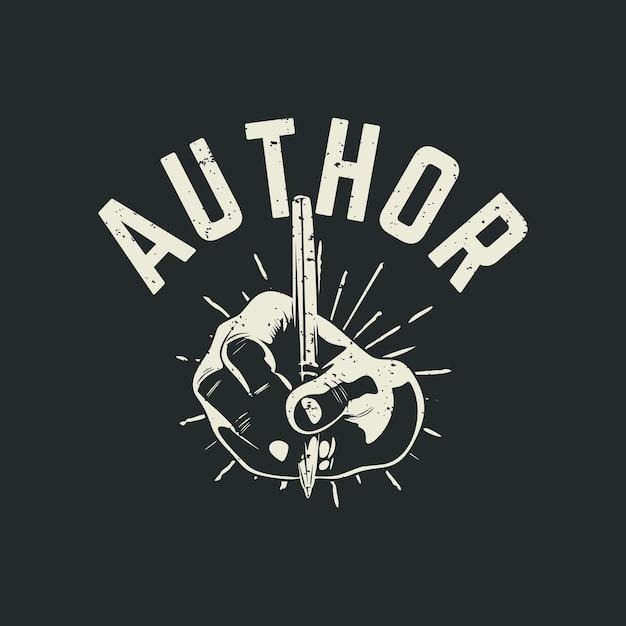 T shirt design author with hand doing writing and gray background vintage illustration