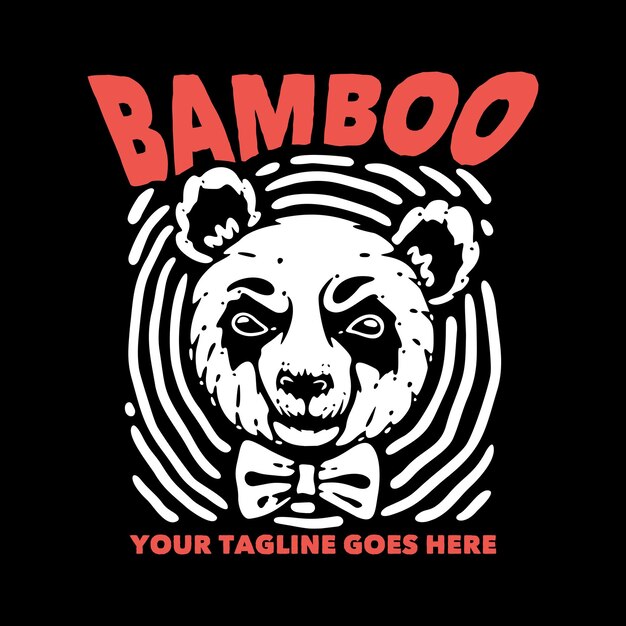 T shirt design bamboo with panda wearing tie and black background vintage illustration