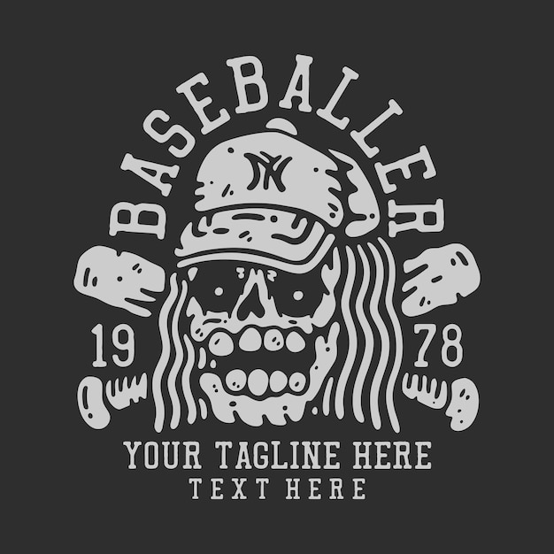 Vettore t shirt design baseballer 1978 con teschio che indossa un cappello da baseball con sfondo grigio illustrazione vintage