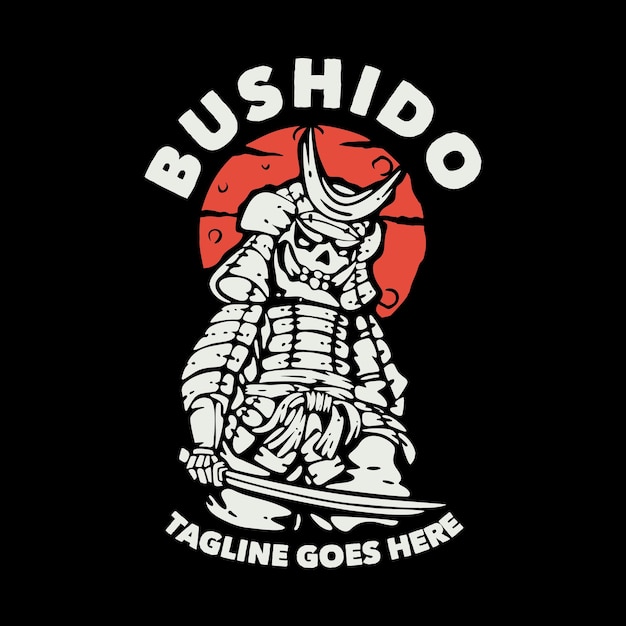 T-shirt design bushido con samurai che tiene katana con sfondo nero illustrazione vintage