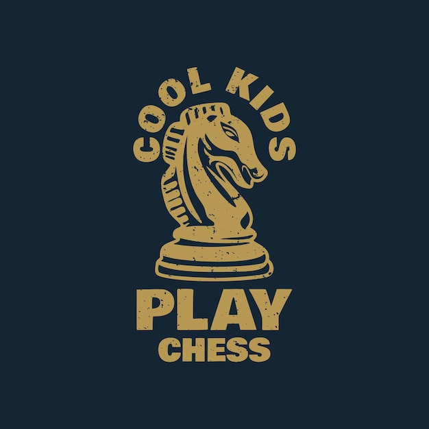 Дизайн футболки крутые дети играют в шахматы с шахматной пешкой рыцаря и темно-синим фоном винтажной иллюстрации
