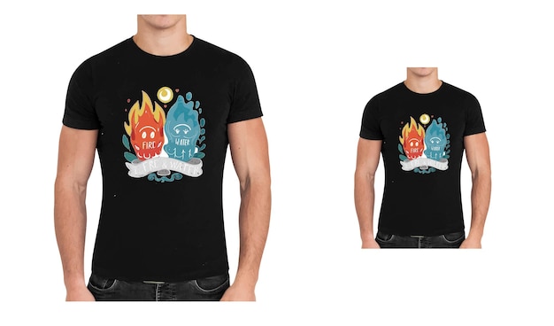 t shirt design create a black tattoo that shows the true friendship and love between fire and water