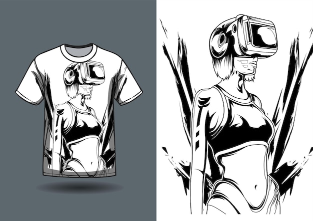 T-shirt design ragazza cyborg che indossa vr