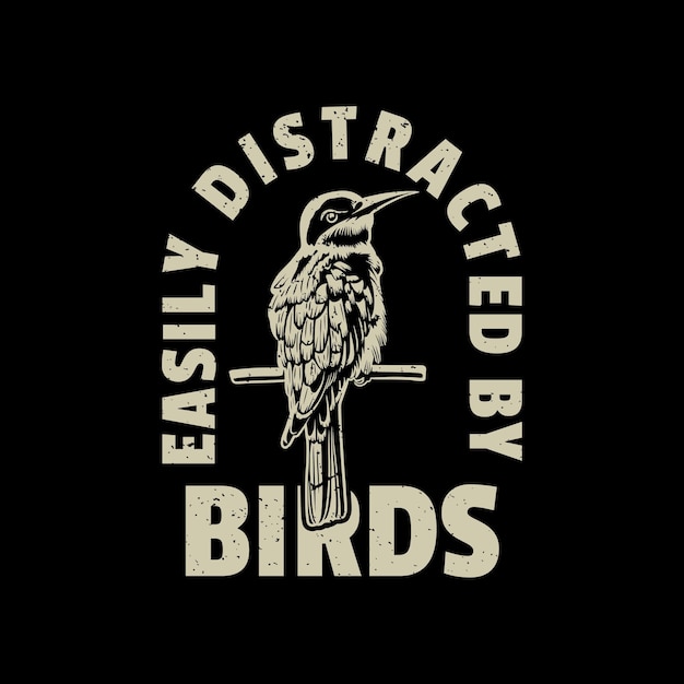Дизайн футболки отвлечен птицами с птицей, сидящей на ветке с черным фоном, винтажной иллюстрацией