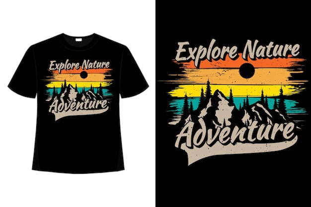 자연 모험 산 복고풍 빈티지 스타일 일러스트레이션을 탐험하는 티셔츠 디자인