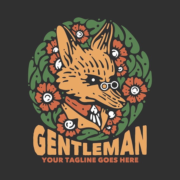 T-shirt design gentiluomo con volpe in tuta e sfondo grigio illustrazione vintage