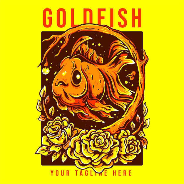 T shirt design goldfish with gold fish in the circle wood with roses vintage illustration