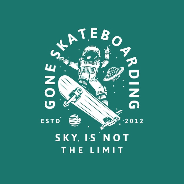 Il design della t-shirt andato sullo skateboard cielo non è il limite estd 2012 con l'astronauta che guida l'illustrazione vintage di skateboard