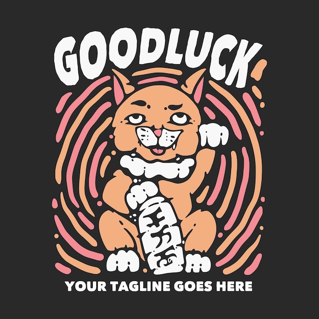 招き猫と灰色の背景のヴィンテージイラストとTシャツデザインgoodluck