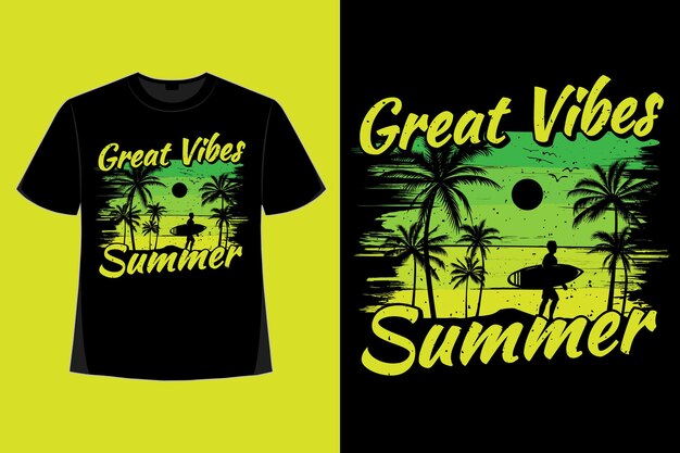 T-shirt design of great vibes summer time sunrise style retro vintage illustration