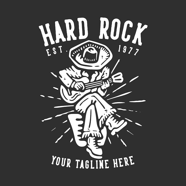 T-shirt design hard rock est 1977 con uomo che suona la chitarra con illustrazione vintage sfondo grigio