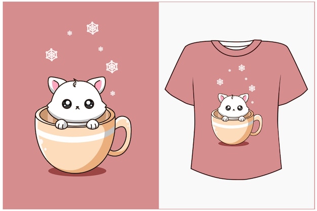 T shirt design mockup simpatico gatto in una tazza fumetto illustrazione