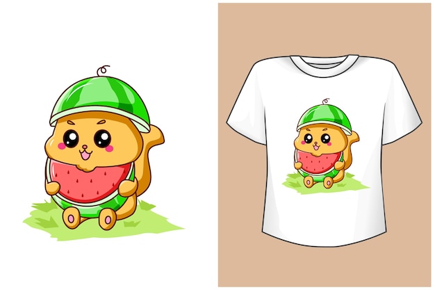 フルーツとtシャツのデザインのモックアップかわいい猫