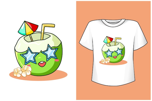 макет дизайна футболки милый кокос на пляже