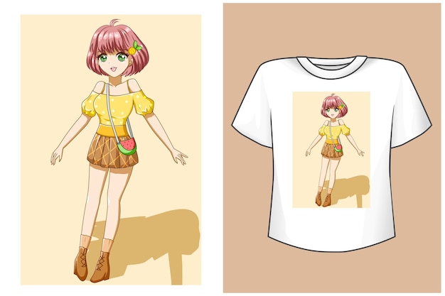 Tシャツデザインモックアップかわいい女の子の夏の漫画イラスト
